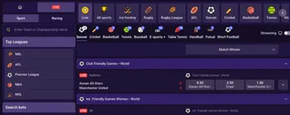 Live sports betting – Football, Basketball, Rugby, Tennis, and more Sports betting interface showing live matches, top leagues (NRL, AFL, Premier League, NBA, NHL), and live event odds